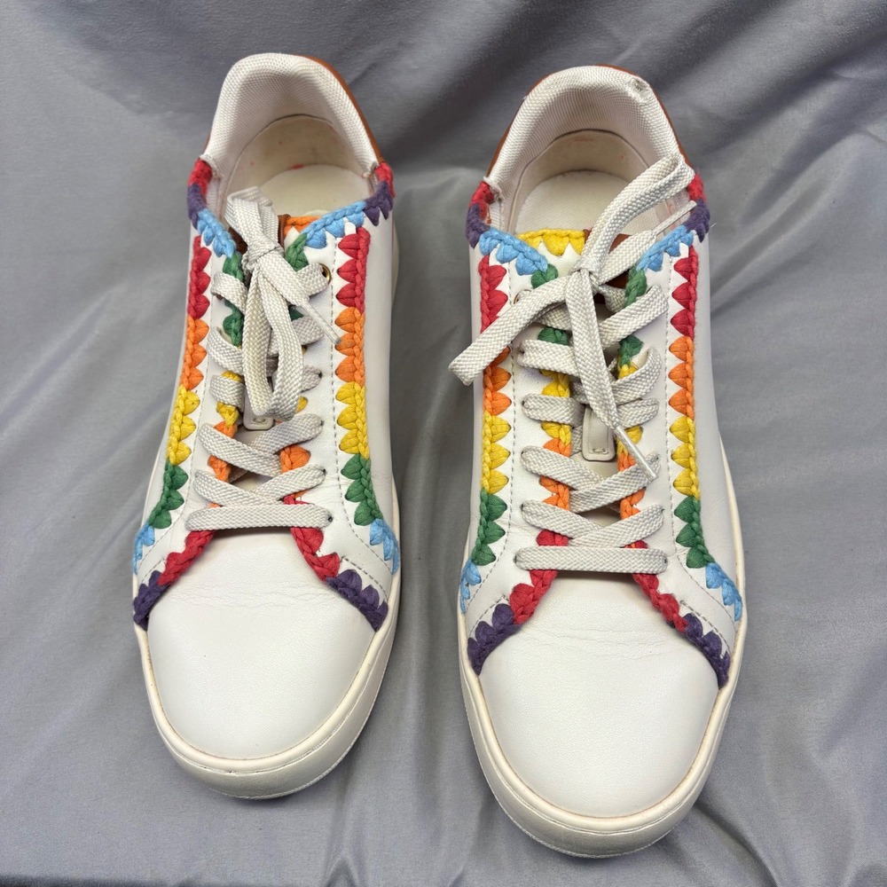 Coach White Leather Rainbow Crochet Trim‎ Low Top Sneakers Womens 9.5